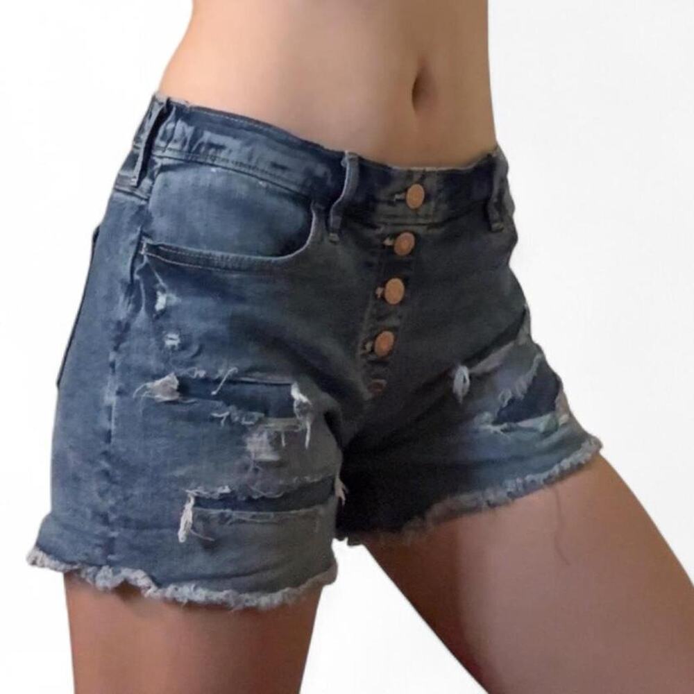Mid-Rise Distressed Blue Shorts